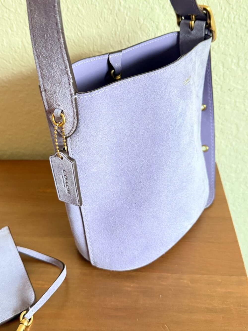 Coach Bleecker Bucket Bag 21 Violet Mist Suede Lavender Brass Removable Pouch - Picture 3 of 14